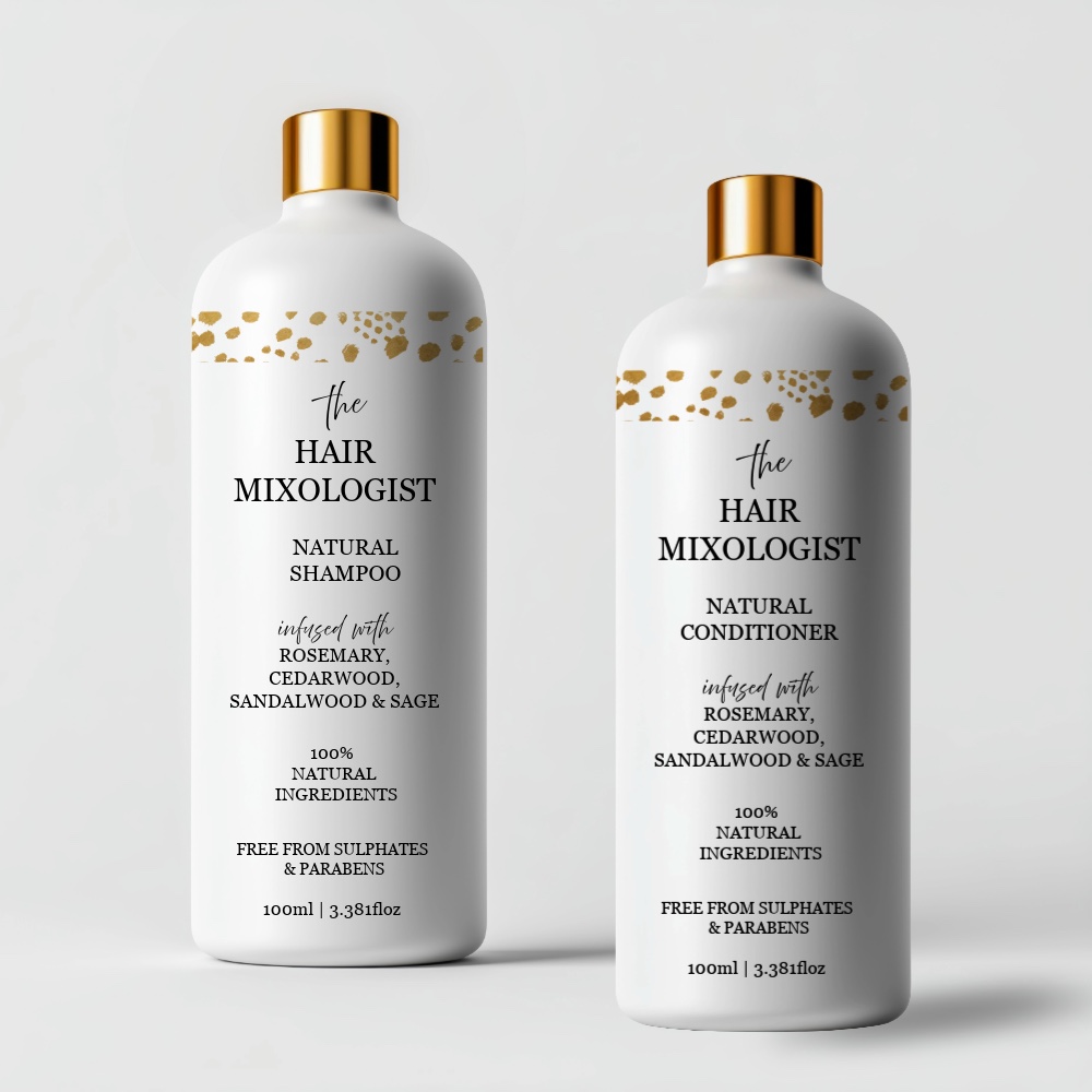 The Hair Mixologist natural shampoo and conditioner, side by side