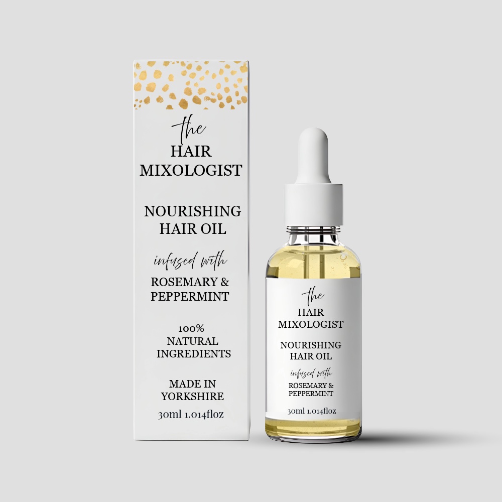 The Hair Mixologist nourishing hair oil, with its box